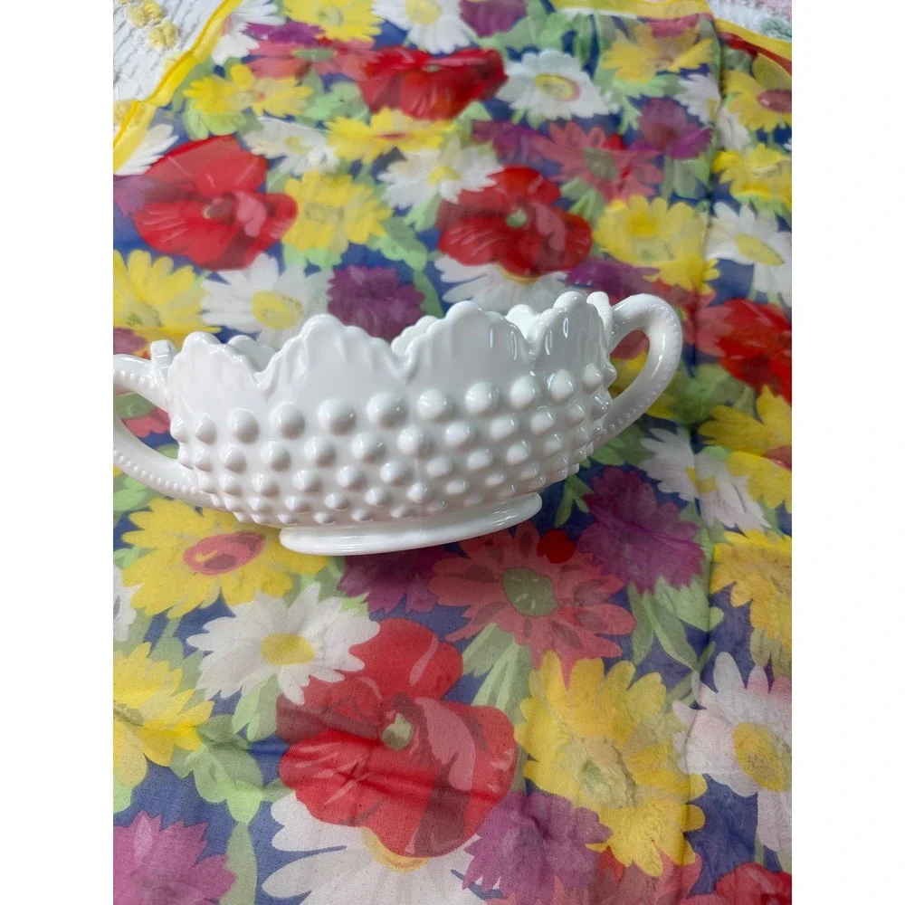 Fenton Milk Glass Hobnail Sugar Bowl White Scalloped Edge Double Handle Vintage